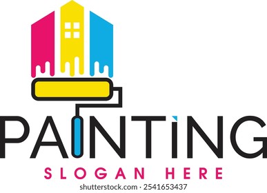 Diseño del logotipo de la pintura con el icono del pincel de la casa de Vector