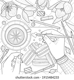 Painting macaroon with tulips, brushes and tea.Coloring book antistress for children and adults. Illustration isolated on white background.Zen-tangle style. Black and white illustration.Hand draw