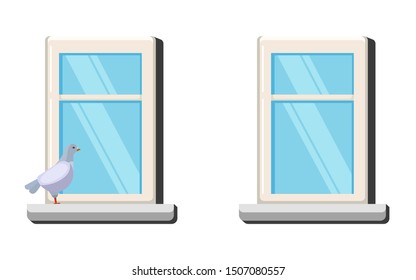 The painting was made in a flat style, which depicts two windows, one with a dove on the windowsill, the other without a dove.