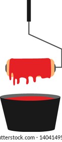 Painting of the making of red wall paint and collected in a large black vessel set isolated white background viewed from the front, vector, color drawing or illustration.