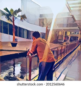 painting of man looking at the pool with beautiful sunshine 