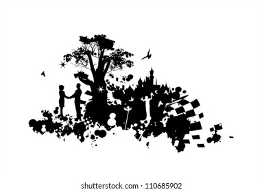 A painting of a man and woman who hold hands in the world of fantasy black and white