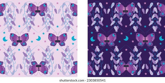 Painting of moths with lilies on a beautiful, vibrant, colorful purple background. Great for printing and decoration.