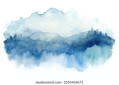 A painting of a mountain range with a blue sky and a small village in the distance. The painting evokes a sense of tranquility and peacefulness