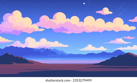 Painting of a mountain range with a lake and clouds in the background and a bird flying in the sky, plain background, a matte painting, space art. Cartoon anime background.