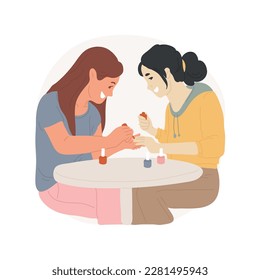 Painting nails isolated cartoon vector illustration. Two women painting each others nails, female friendship, girls spending time together, laughing together, human relationship vector cartoon.