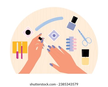 Painting nails with purple nail polish, taking care to maintain healthy nails, desk top view vector illustration.