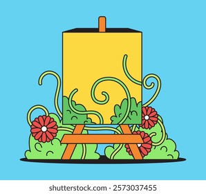 Painting nature on canvas with flower and plant at the background in cartoon hand drawn illustration 