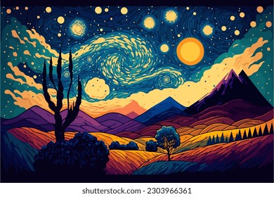 A painting of a night landscape with mountains, trees, moon and stars. Vector illustration that parodies Van Gogh's artistic style.