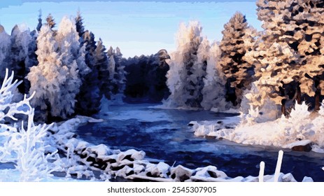 A painting on canvas. The forest in the winter season.  Artistic design. The painting is painted in oil. Modern painting.