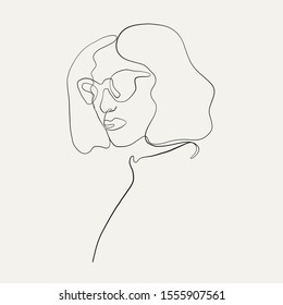 Painting one line portrait woman or girl face, beauty minimal icon, simple fashion logo, continuous hand drawing art. Female silhouette isolated on white background.
