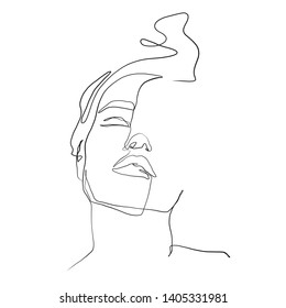 Painting one line young woman or girl portrait face, beauty single icon, simple fashion logo, continuous hand drawing art. Female carton figure isolated on white background. 