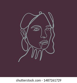 Painting one line young woman or girl portrait face, beauty single icon, simple fashion logo, continuous hand drawing art. Female carton figure isolated on white background. 	