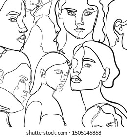 Painting one line young woman or girl portrait face. Female carton figures on white background.
