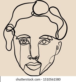 Painting one line young woman or girl portrait face, beauty single icon, simple fashion logo, continuous hand drawing art. Female cartoon figure isolated on white background.
