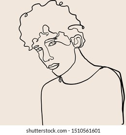Painting one line young woman or girl portrait face, beauty single icon, simple fashion logo, continuous hand drawing art. Female cartoon figure isolated on white background.
