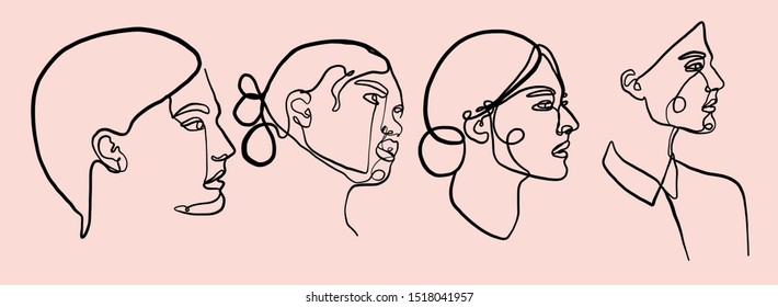 Painting one line young woman or girl portrait face, beauty single icon, simple fashion logo, continuous hand drawing art. Female carton figure isolated on white background. Set vector illustration
