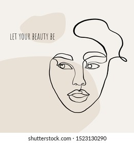 Painting one line young woman or girl portrait face, beauty single icon, simple fashion logo, continuous hand drawing art. Female carton figure isolated on white background with typography slogan 