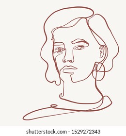 Painting one line young woman or girl portrait face, beauty single icon, simple fashion logo, continuous hand drawing art. Female carton figure isolated on white background.
