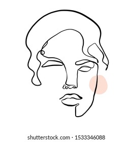 Painting one line young woman or girl portrait face, beauty single icon, simple fashion logo, continuous hand drawing art. Female carton figure isolated on white background.
