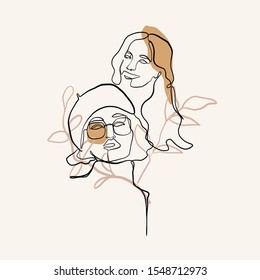 Painting One Line Young Woman Or Girl Portrait Face With Botanic Elements. Beauty Simple Icon. Minimalism Fashion Logo. Continuous Hand Drawing Contemporary Composition