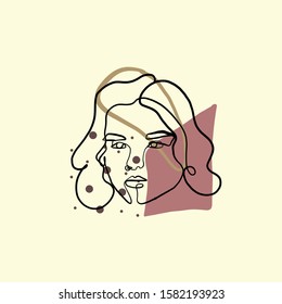 Painting one line young woman or girl portrait face, beauty single icon, simple fashion logo, continuous hand drawing art. Creative composition with abstract brush strokes