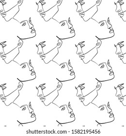 Painting one line young woman or girl portrait face, beauty single icon, simple fashion logo, continuous hand drawing art. Female carton figure isolated on white background.
