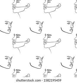 Painting one line young woman or girl portrait face, beauty single icon, simple fashion logo, continuous hand drawing art. Female carton figure isolated on white background.
