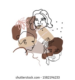 Painting one line young woman or girl portrait face, beauty single icon, simple fashion logo, continuous hand drawing art. Creative composition with abstract brush strokes