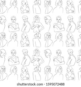 Painting one line young woman or girl portrait face, beauty single icon, simple fashion logo, continuous hand drawing art. Female carton figure isolated on white background.
