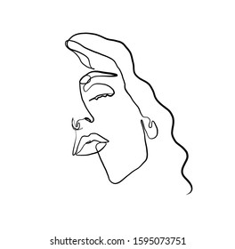 Painting one line young woman or girl portrait face, beauty single icon, simple fashion logo, continuous hand drawing art.

