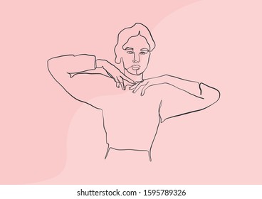 Painting one line young woman or girl portrait face, beauty single icon, simple fashion logo, continuous hand drawing art.
