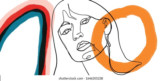 Painting one line young woman or girl portrait face, beauty single icon, simple fashion logo, continuous hand drawing art. Female silhouette isolated on abstract background.