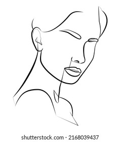 Painting one line young woman or girl portrait face, beauty single icon, simple fashion logo, continuous hand drawing art. Female carton figure isolated on white background.