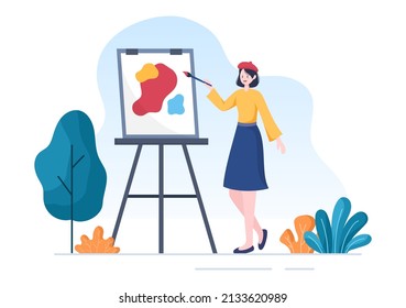 Painting Outdoors Flat Illustration with Someone who Paints using Easel, Canvas, Brushes and Watercolor for Poster or Workshops Designs