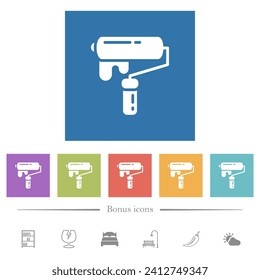 Painting with paint roller flat white icons in square backgrounds. 6 bonus icons included.