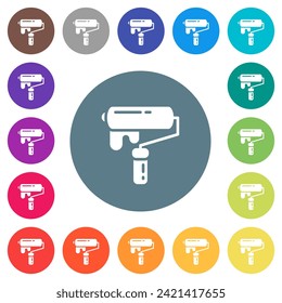 Painting with paint roller flat white icons on round color backgrounds. 17 background color variations are included.