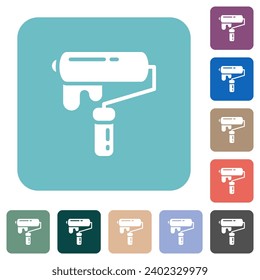 Pintura con roller de pintura iconos planos blancos en fondo cuadrado redondeado de color
