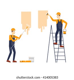Painting, painter. Craftsman painting. Builder, Repairs, painter in yellow helmet working with tools. Flat design vector illustration.