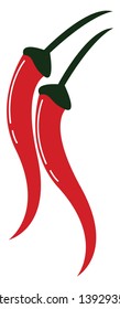 Painting of a pair of hot red chilies with a white exclamation mark has a dark green slender stalk and stands upright   vector  color drawing or illustration