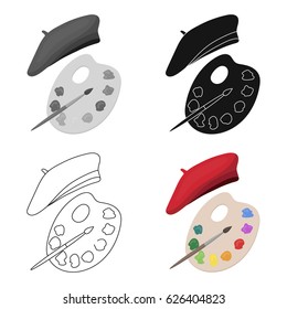 Painting palette and beret icon in cartoon style isolated on white background. France country symbol stock vector illustration.