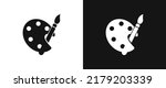 Painting palette flat icon for web. Paint brush sign web icon silhouette with invert color. Minimalist color palette black icon vector design. Paintbrush symbol cartoon clipart. Art design concept