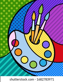 PAINTING PALETTE with rainbow colours and brushes modern pop art vector graphic element for your design. Colourful concept illustration. 