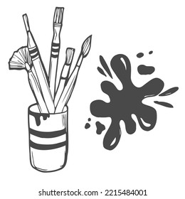 Painting. Palette, set of brushes and tubes with paint. Sketch. Engraving style. Vector illustration.