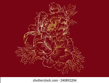 Painting pattern vector golden peony red background,vintage floral vector bouquet of peonies and garden flowers, botanical natural peonies Illustration on white. Summer floral peonies greeting card