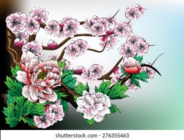 Painting peonies flowers stripes for background and text