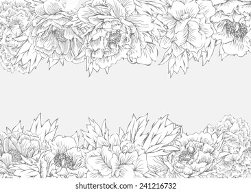 Painting peony pattern vector black and white for background,Vintage floral vector wedding invitation with peonies and garden flowers, botanical natural peonies Illustration. 
