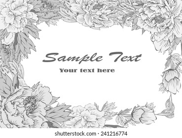 Painting peony pattern vector black and white for text,Vintage floral vector wedding invitation with peonies and garden flowers, botanical natural peonies Illustration. 