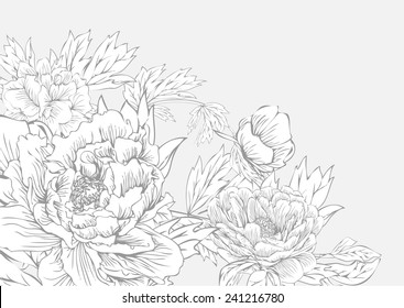 Painting peony pattern vector black and white for background,Vintage floral vector wedding invitation with peonies and garden flowers, botanical natural peonies Illustration. 