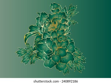 Painting peony pattern vector green background,vintage floral vector bouquet of peonies and garden flowers, botanical natural peonies Illustration on white. Summer floral peonies greeting card
